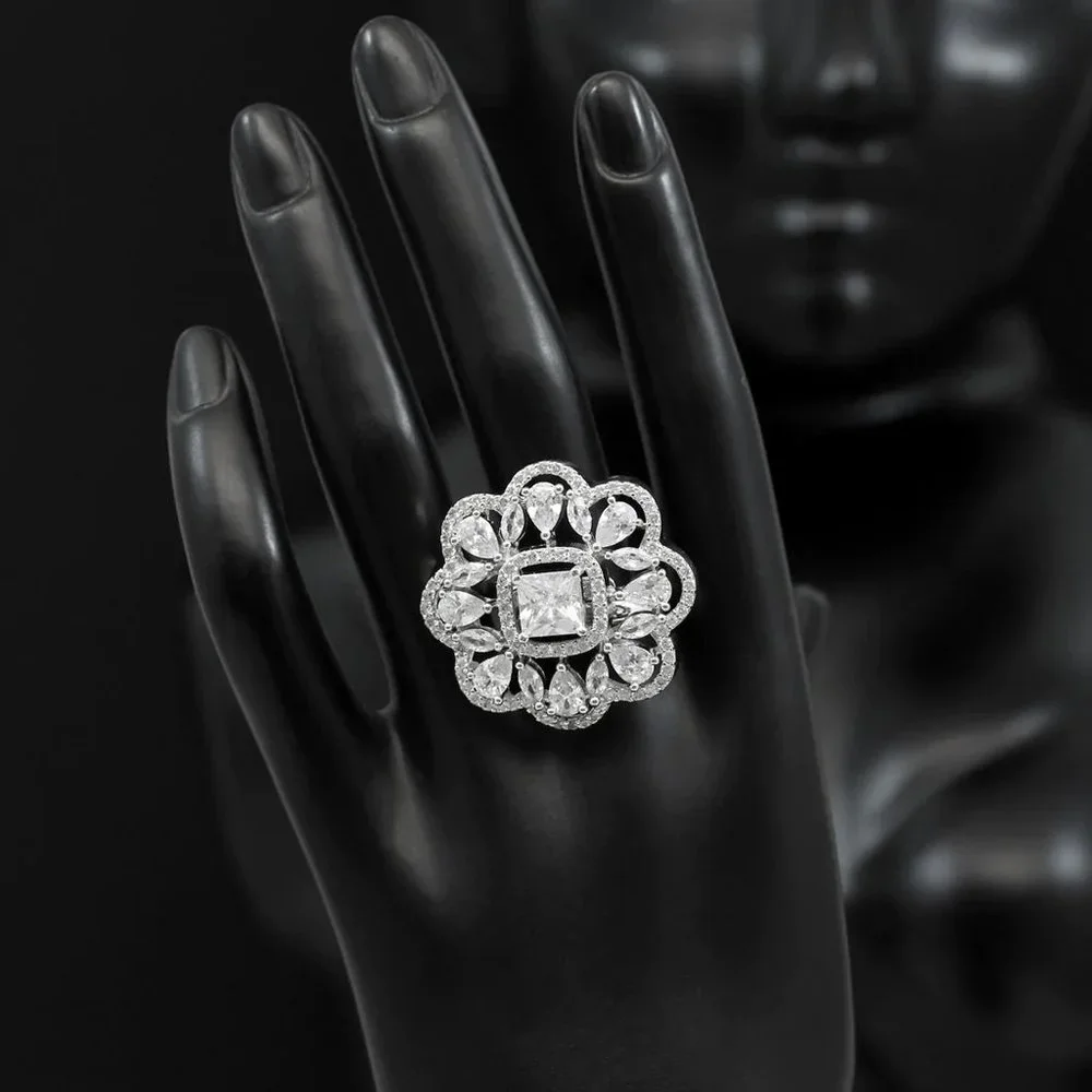 Royal Bloom American Diamond Cocktail Ring | Floral Halo Statement Ring